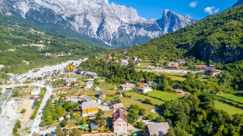 aerial drone view rustic homes hotels theth national park albania albanian alps