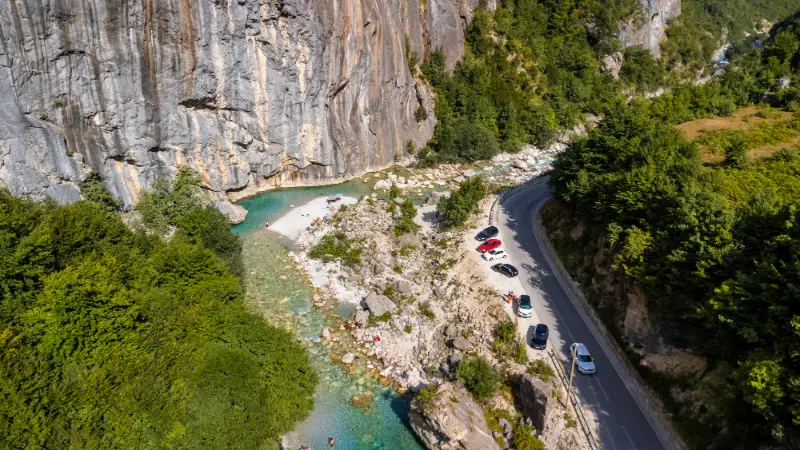 aerial drone view small beach turquoise river valbona valley theth national park albanian alps albania