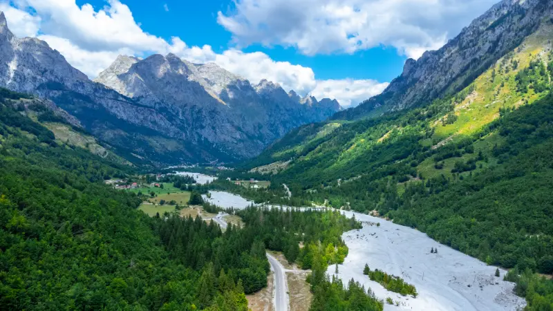 panoramic aerial drone view valbona valley theth national park albanian alps albania